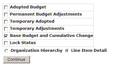 This brings up the Budget Development Query parameter page. This screen allows users to select the columns to display in the query.