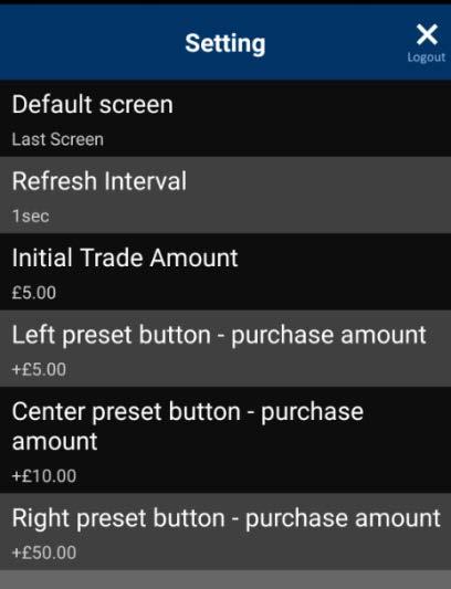 Trade Amount: Initial Default trade amount Left preset button, Center