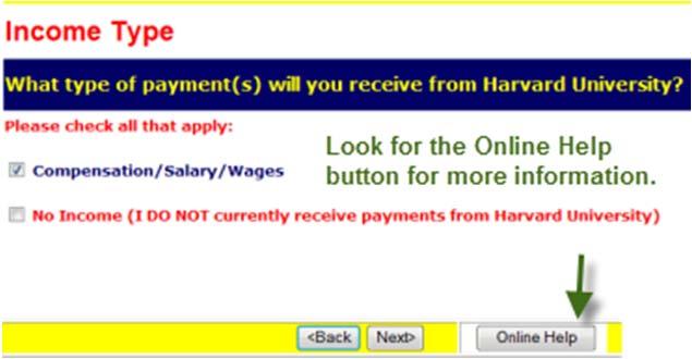 10. On the Income Type screen, select the payment type(s) that apply, and then click Next.