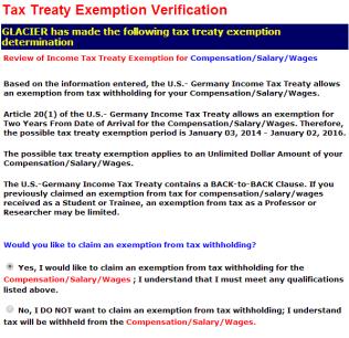 On the Tax Treaty Exemption Verification screen, select the Yes to claim your exemption.