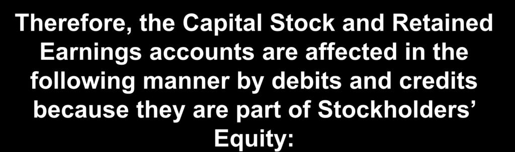 Stockholders Equity A Closer Look 2-26 Therefore, the Capital Stock and Retained Earnings accounts are affected in the following manner by debits and