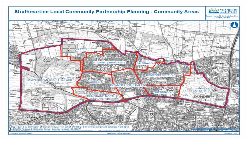 3 Strathmartine LCPP Community Areas Map 1: Strathmartine LCPP Community Areas Strathmartine Local Community Planning Partnership consists of 10 community areas that are shown above in Map 1. 3.