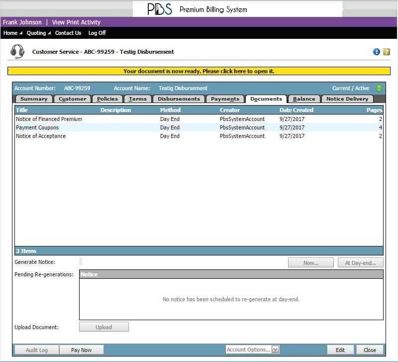 Customer Service Window/Documents Tab The documents tab inside the Customer Service Window allows you to choose, retrieve, view and print previously generated notices and letters on a specific