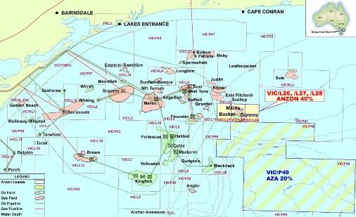 GIPPSLAND BASIN EXPLORATION VIC/L26,L27,L28 (ANZON 40%) Chimaera Prospect 5-10 MMbo Intra Latrobe exploration potential + updip Golden Beach