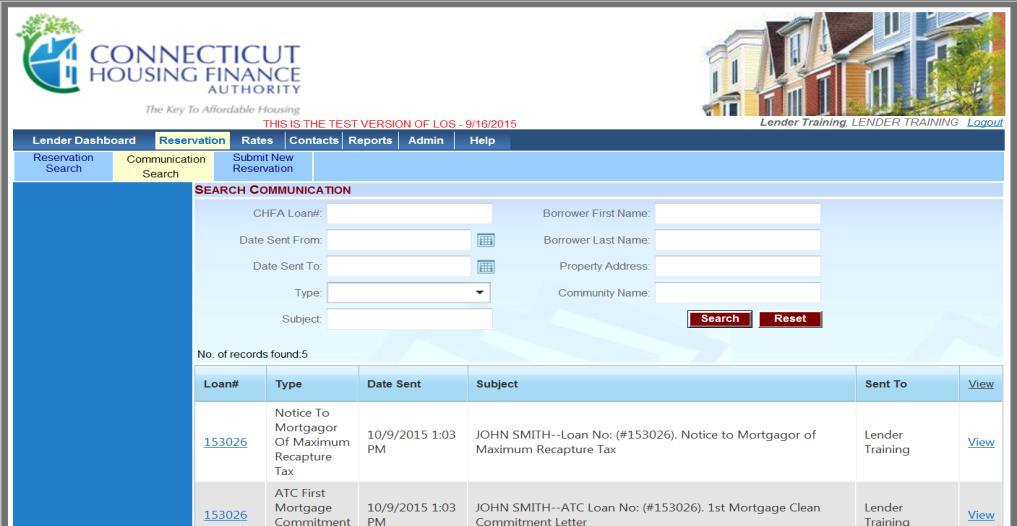 Reservation Search: User can enter values in the search criteria fields to find an individual loan or a list of loans.