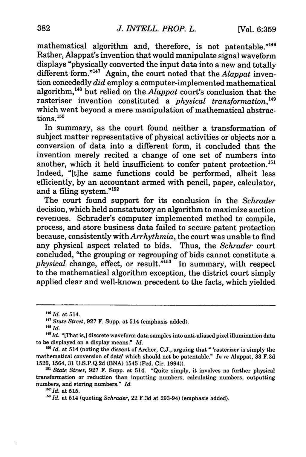 382 Journal of Intellectual Property Law, Vol. 6, Iss. 2 [1999], Art. 6 J. INTELL. PROP. L. [Vol. 6:359 mathematical algorithm and, therefore, is not patentable.
