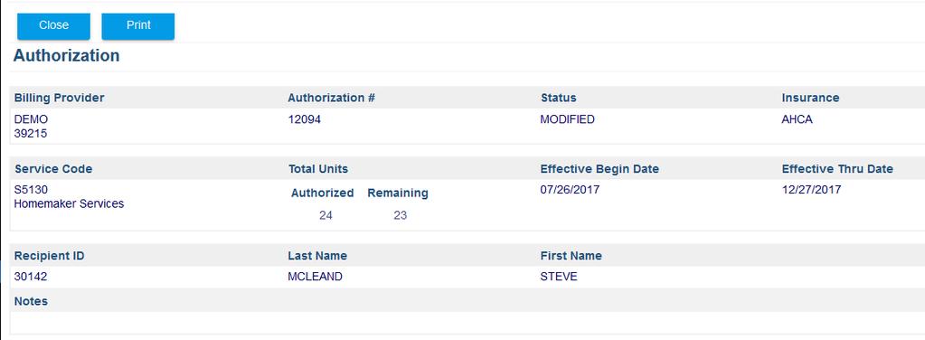 Figure 55: Authorizations Screen View 7. When done reviewing you can click <Close> or <Print>.