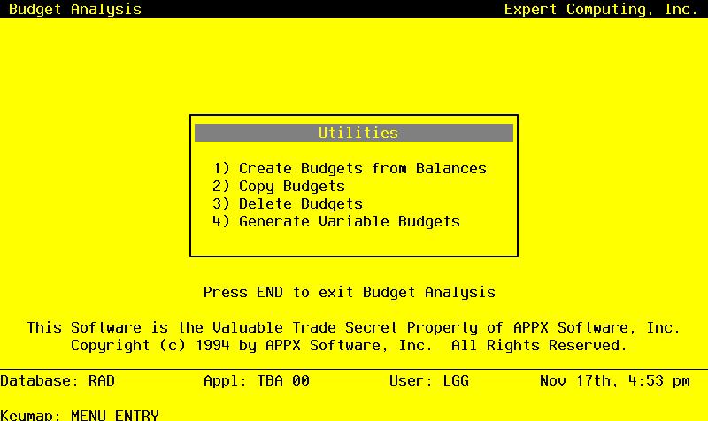 5 Utilities This menu provides utilities to manipulate the Budget files. Budget data can be created, copies, and deleted.