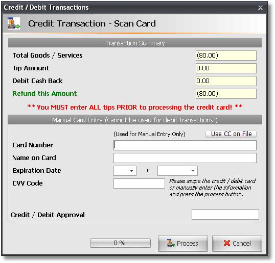 12 Integrity Credit Card Processing (hand holding card). 8. Swipe the Credit Card. 9. A message will appear stating whether the transaction has been declined or approved.