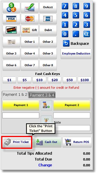 When the Payment Panel appears, click the "Print Ticket" button to print a receipt so that