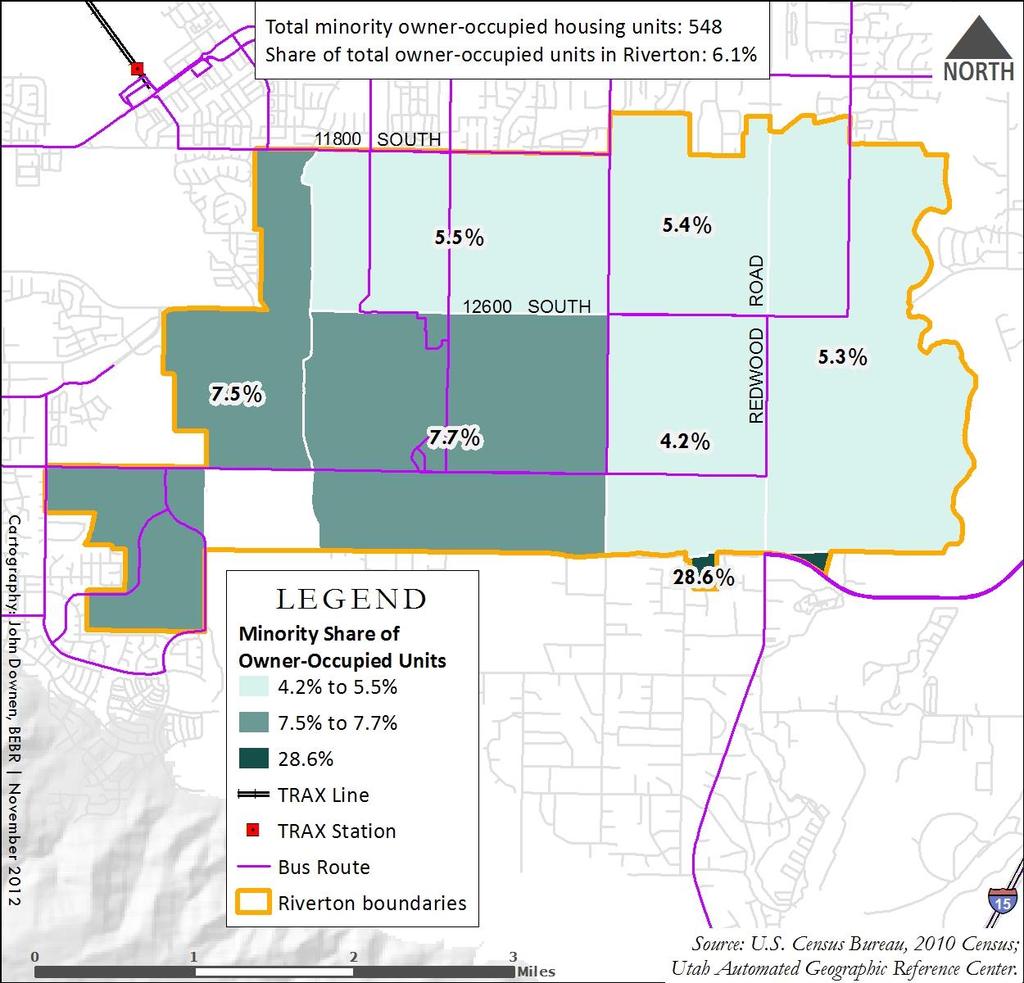 Figure 5 shows the number of minority owner-occupied units by census tracts in Riverton. Figure 6 provides the percent of owner-occupied units that are minority households.
