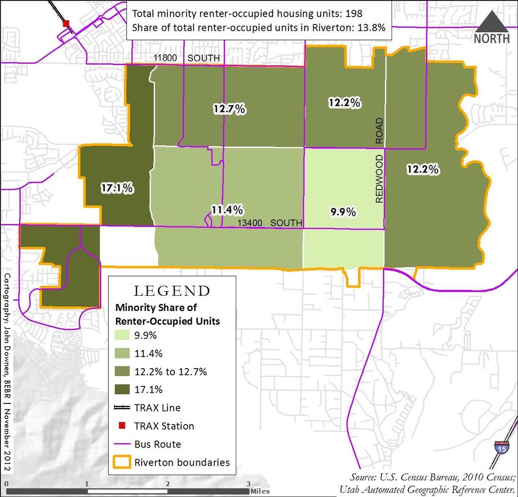 Figure 9 Minority Share of Renter-Occupied Units by Tract in Riverton, 2010 Figure 9 shows the minority share of renter-occupied units in Riverton. While 13.
