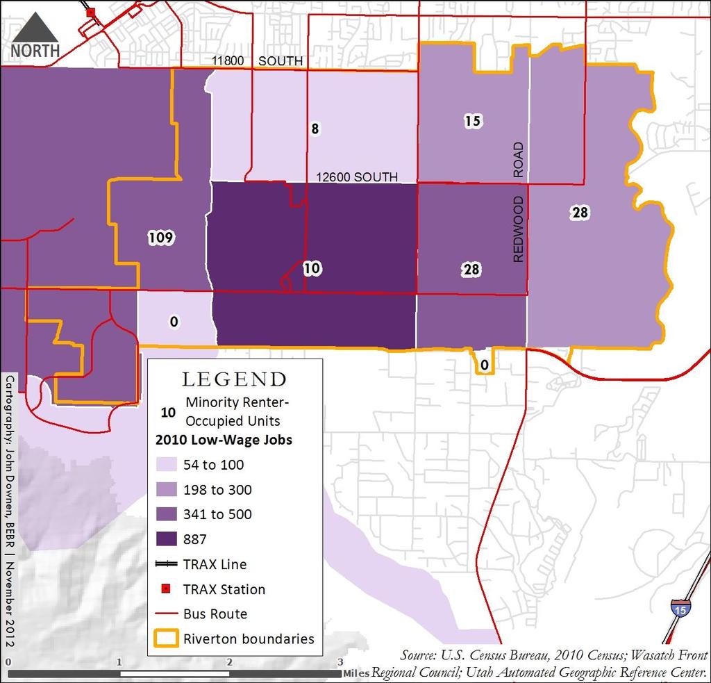 Figure 10 Minority Renter-Occupied Units and Proximity to Low-Wage Jobs in Riverton, 2010 Figure 10 overlays the density of low-wage jobs (in shades of purple) with the number of minority