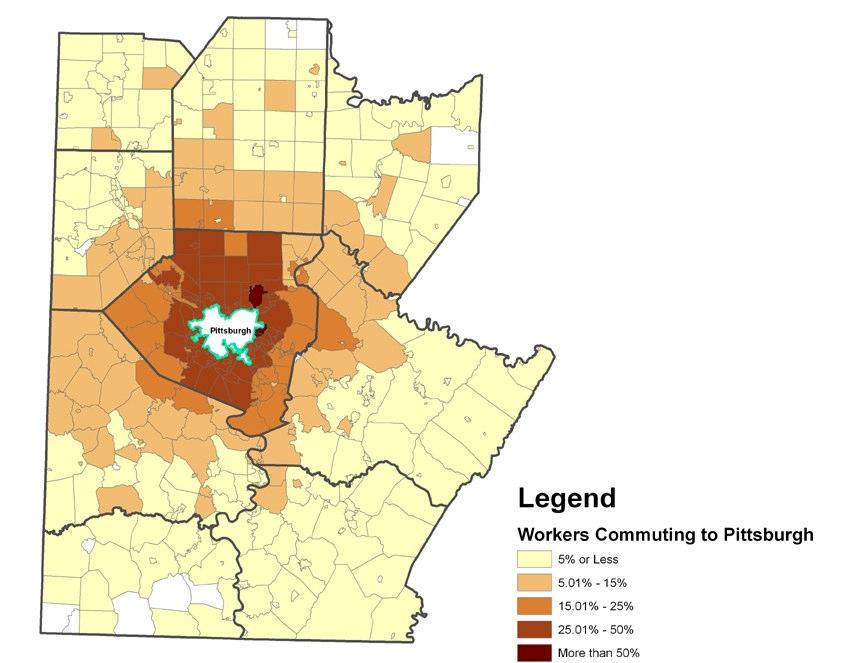 Figure 32. Commuting by Municipality into the City of Pittsburgh, 2000 Source: Compiled from Census Bureau MCD to MCD Commuting Flow Data Related to commuting is public transit use.