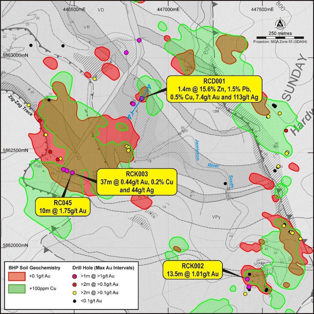 Jamieson Project Rhyolite Creek Prospect 5km south of Hill 800 Zn-Au-Ag: VHMS seafloor position 1.4m @ 15.6% Zn, 7.4g/t Au, 113g/t Ag from 223m 1 Above 59m zone averaging 0.