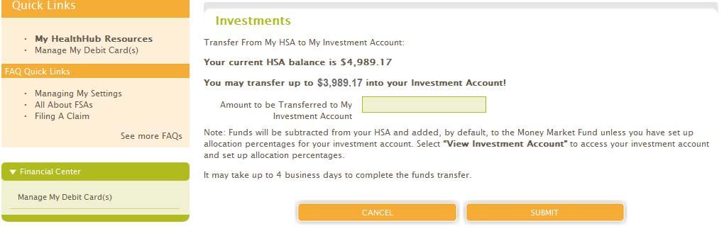 When the participant selects Transfer Funds From HSA the following view is displayed.