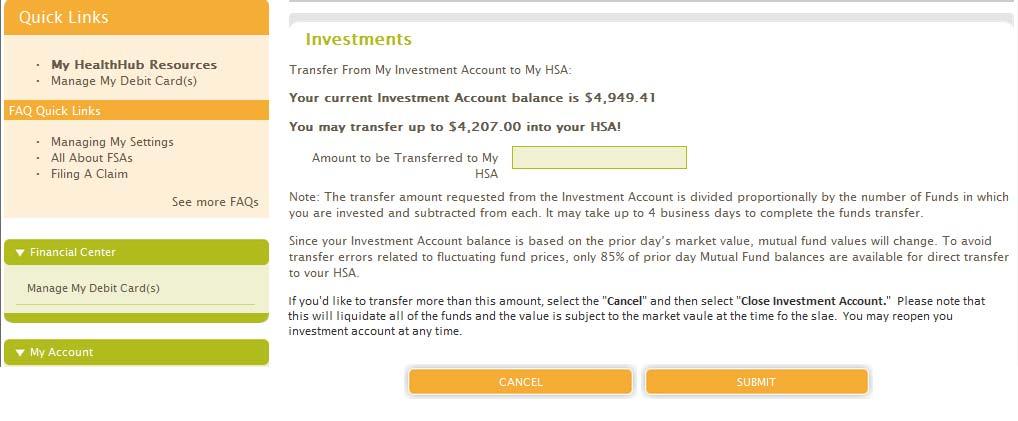 When the participant selects Transfer Funds To HSA the following view is displayed.