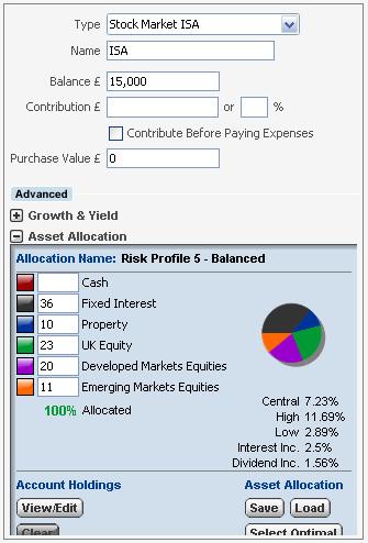 To set the software to compute investment returns from market assumptions, select the Use Asset Allocation option, as shown right.