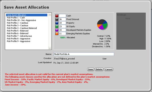 5. The Save Asset Allocation dialogue will display. Enter a name for the asset allocation and click Save. The new asset allocation will be added to the software s asset allocation library.