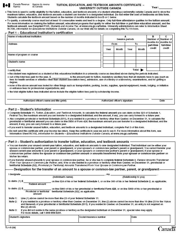 Canadian Form TL11A Tuition, Education, and Textbook Amounts Certificate