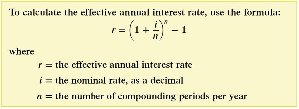 7.6 Effective annual interest rate We have considered paying off a loan at a set interest rate, however, we have found the amount of interest paid would vary with different compounding terms (daily,