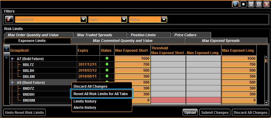 Reset Risk Limits Risk Manager may remove active limits set on all groups/instruments both at Firm and Trader Lead level.