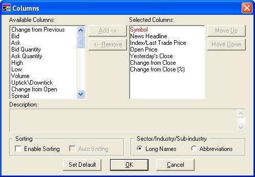 StreetSmart Pro User Manual Symbol List Option Greeks Settings Enable Sorting: When checked, you can simply click on any column header to sort by that column.