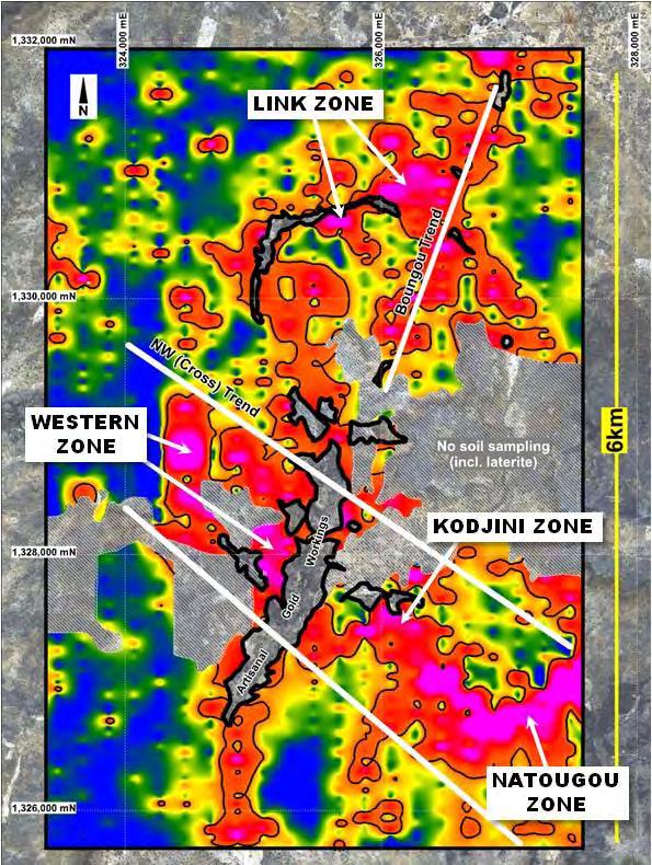 Boungou Prospect extensive gold in soil anomalism 6.6km x up to 3.7km maximum width (20ppb Au) multiple gold trends (Boungou vs.