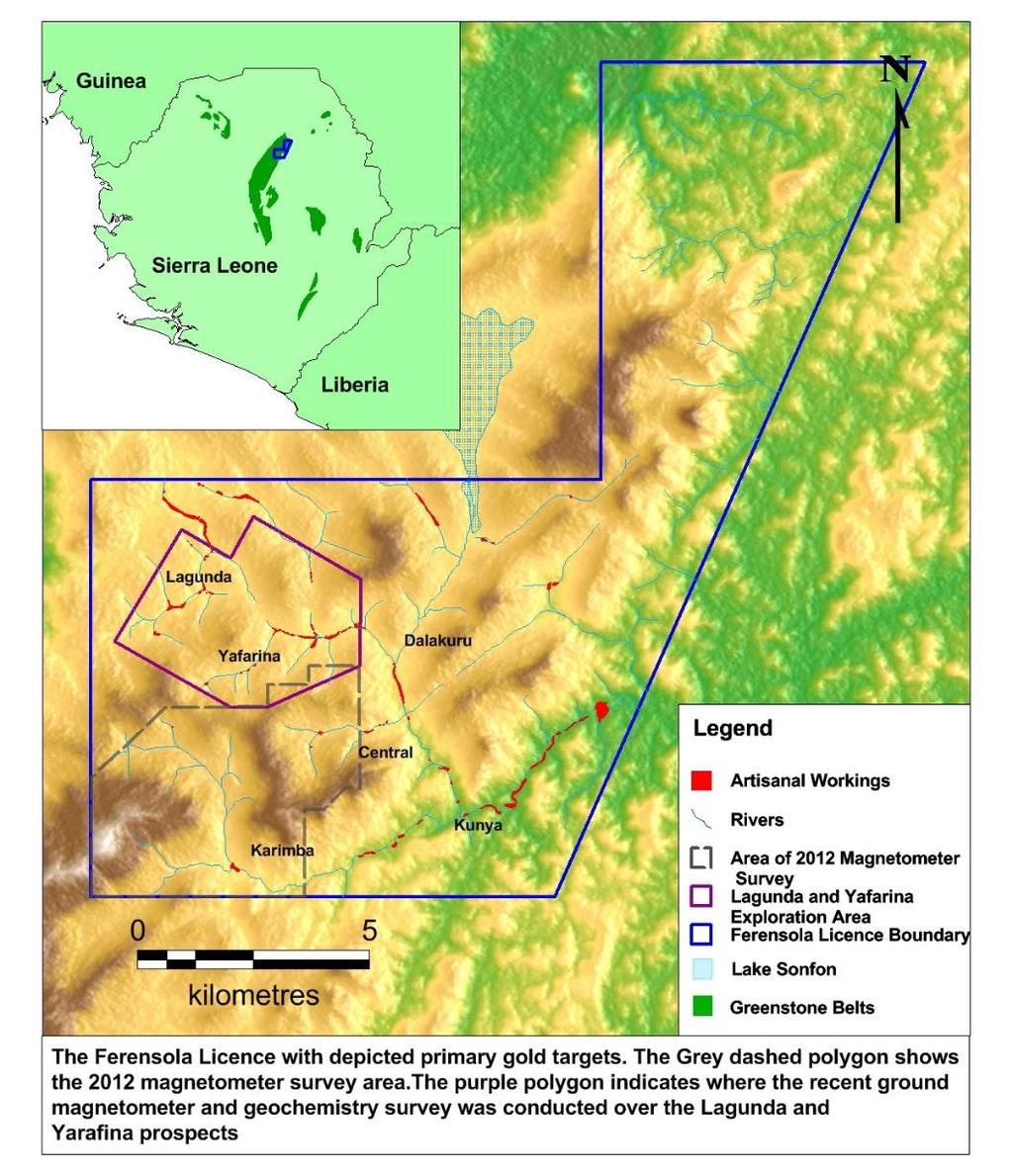 GOLD MINERALISATION Areas prospective for gold are situated within the highly prospective Sula-Kangari Greenstone Belt rocks (belt hosts Amara Mining Plc s 2.