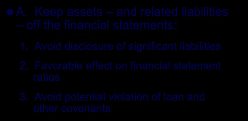 Financial Objectives of Off-Balance-Sheet Financing A. Keep assets and related liabilities off the financial statements: 1.
