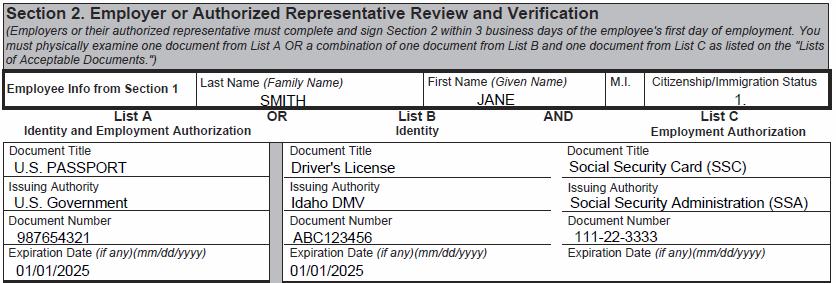 Form I-9 Part Two B A N/A The employer must examine all documents