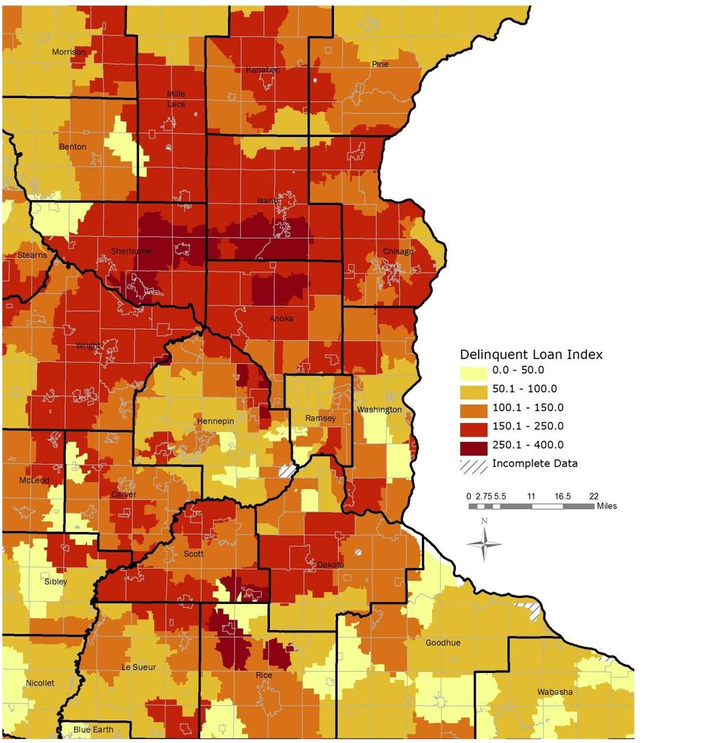 Minnesota Housing Planning, Research, and Evaluation Map 3b - Loans in Delinquency (Metro) Statewide-Rate: = 100 March 2013 Source: Minnesota Housing analysis of data CoreLogic.