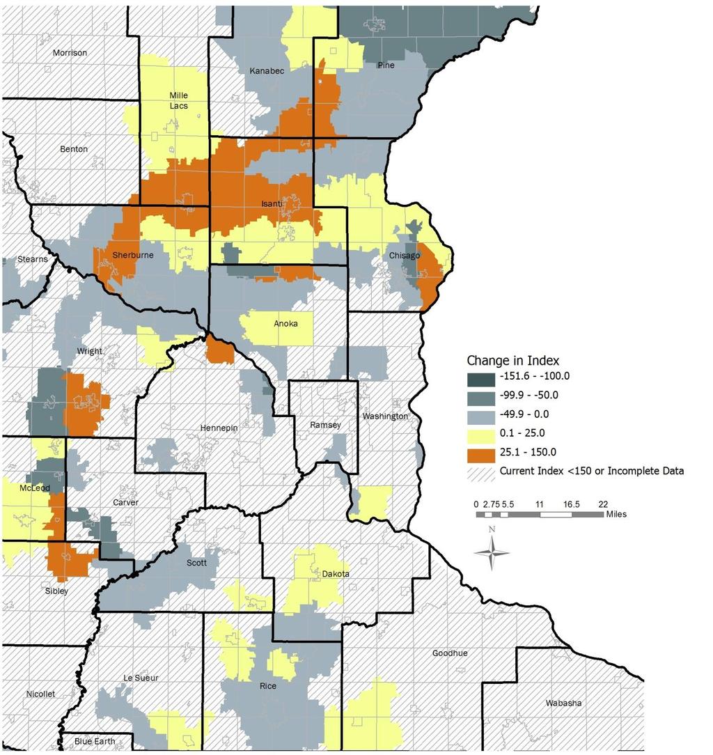 Minnesota Housing Planning, Research, and Evaluation Map 4b Annual Change in Composite (Metro) For zip codes with rate 1.