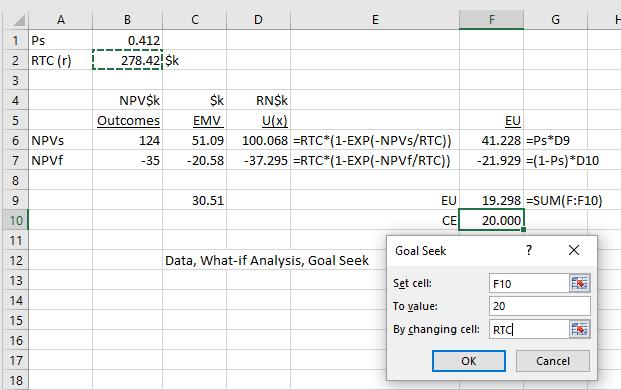 Risk Policy as a Utility Function 25 Utility Calculations with Excel It is worthwhile to check some of these calculations. Excel is an excellent tool for experimenting with risk policy.