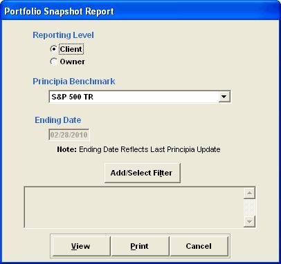 To create the Portfolio Snapshot report, do the following: 1. From the menu bar, select Reports...Presentation...Portfolio Snapshot. How to generate the Portfolio Snapshot report Select this option from the menu bar.