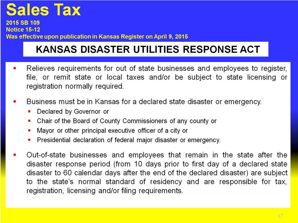 2015 SB 109 AN ACT concerning emergencies and disasters; creating the Kansas disaster utilities response act; department of revenue. Be it enacted by the Legislature of the State of Kansas: Section 1.