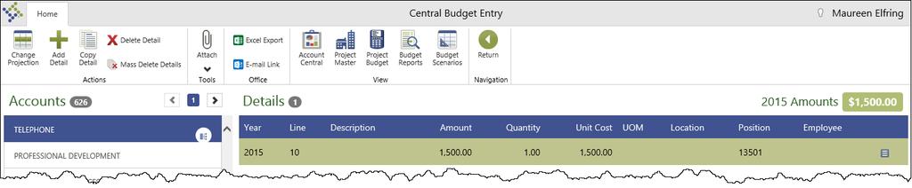 10. Click View Detail displays the Details group. 11. Click Return to go back to the Central Budget Entry screen, and Click Department Notify in the ribbon.