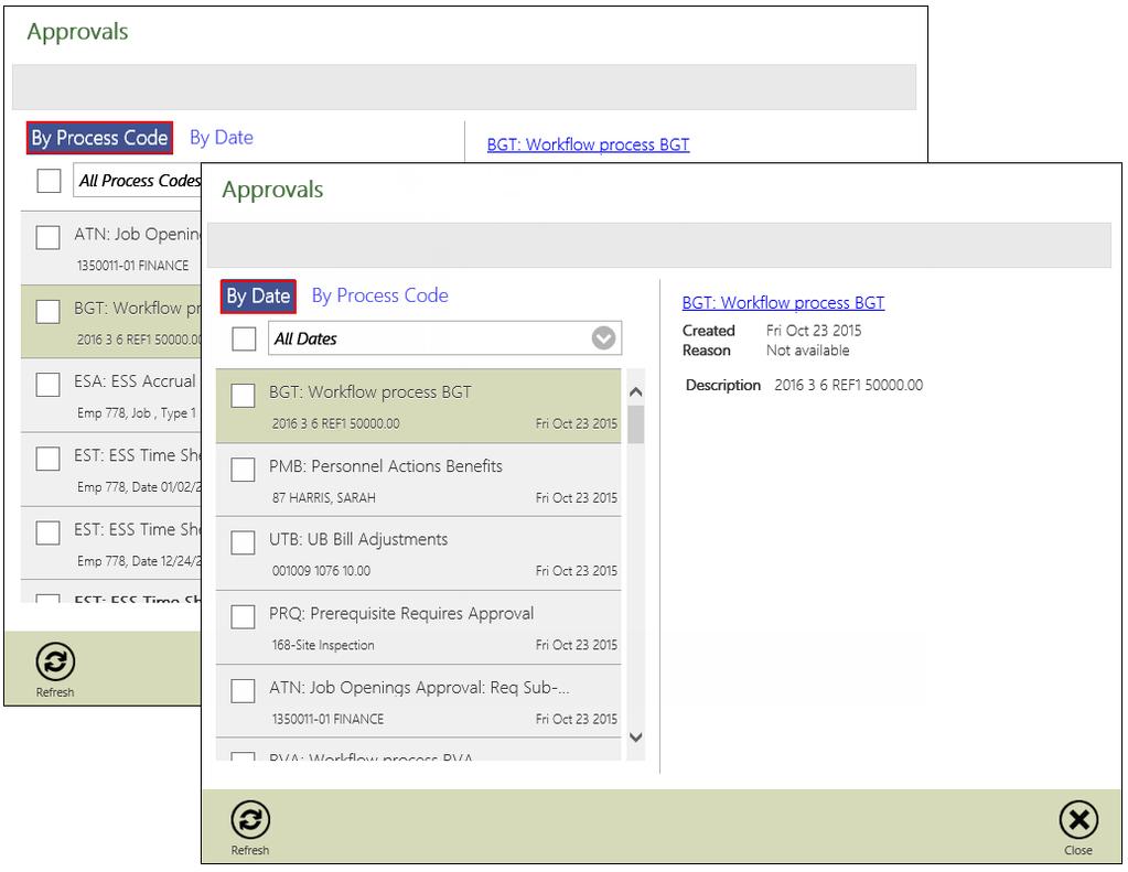 Double-click the Approvals tile to list all items currently awaiting approval.