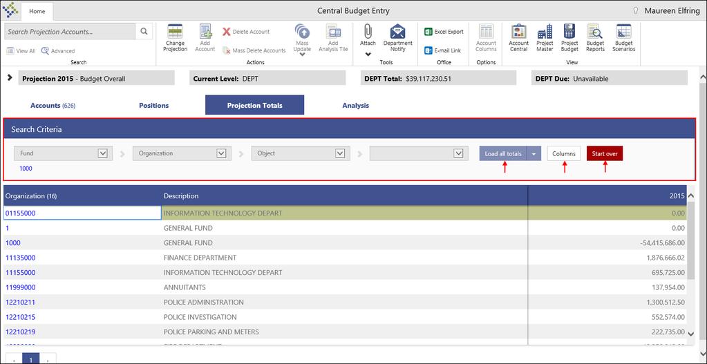 2. Click the Projection Totals tab. 3. Use the lists in the Search Criteria group to select up to four segment codes for which to view subtotals.