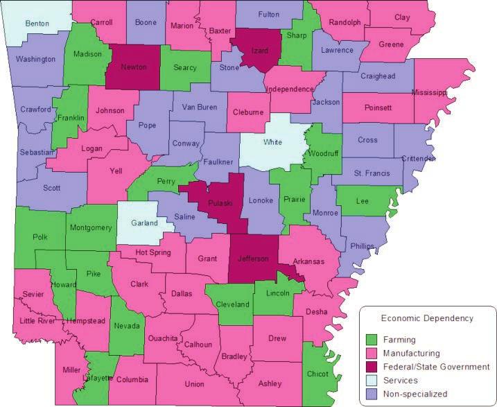 are classified as federal/state government dependent and three as service-dependent. No county in Arkansas is classified as mining-dependent.