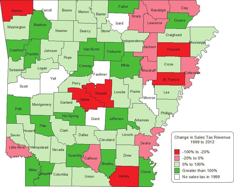 Figure 2. Change in Total County Government Sales Tax Revenue (1999-2012) Sources: Arkansas Legislative Audit and U.S. Department of Labor.