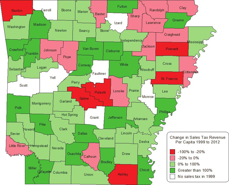 Figure 4. Change in Per Capita County Government Sales Tax Revenue (1999-2012) Sources: Arkansas Legislative Audit, U.S. Census Bureau and U.S. Department of Labor. Figure 5.