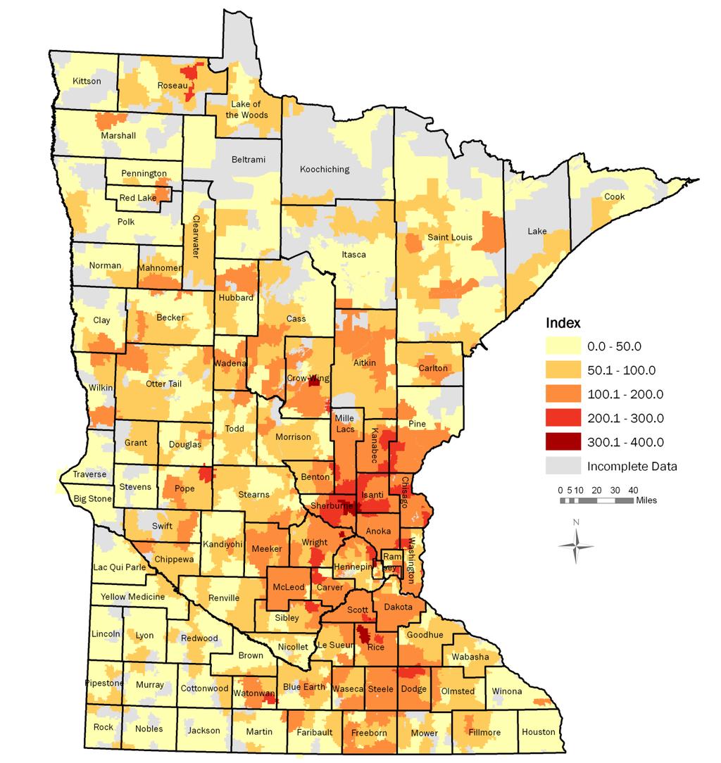 Minnesota Housing Research and Evaluation Unit Map 1a Loans in Post-Sale Foreclosure or REO Statewide-Rate: = 100 December 2010 Source: Minnesota Housing analysis of data from LPS Applied Analytics.