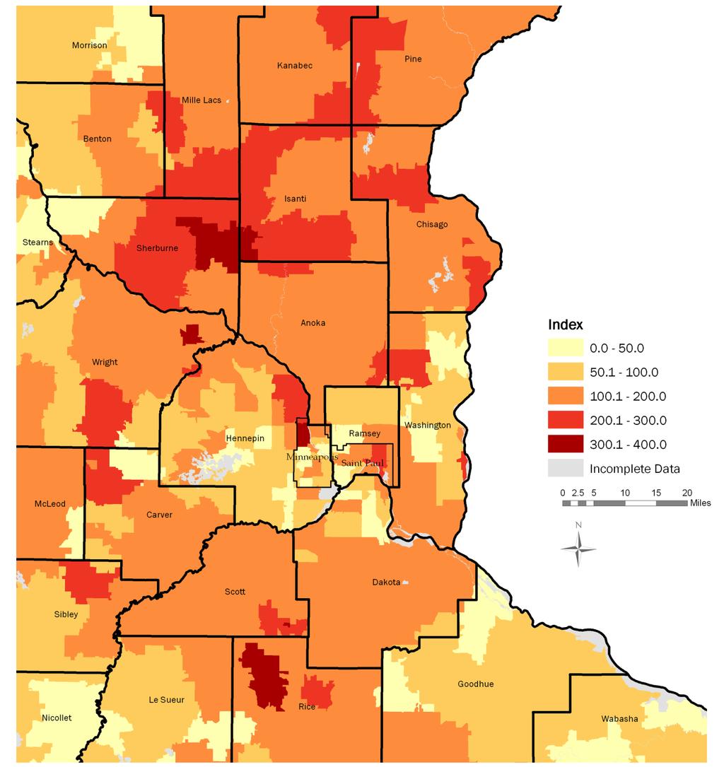 Residential Foreclosures in Minnesota Map 1b Loans in Post-Sale Foreclosure or REO Statewide-Rate: = 100 December 2010 Source: Minnesota Housing analysis of data from LPS Applied Analytics.