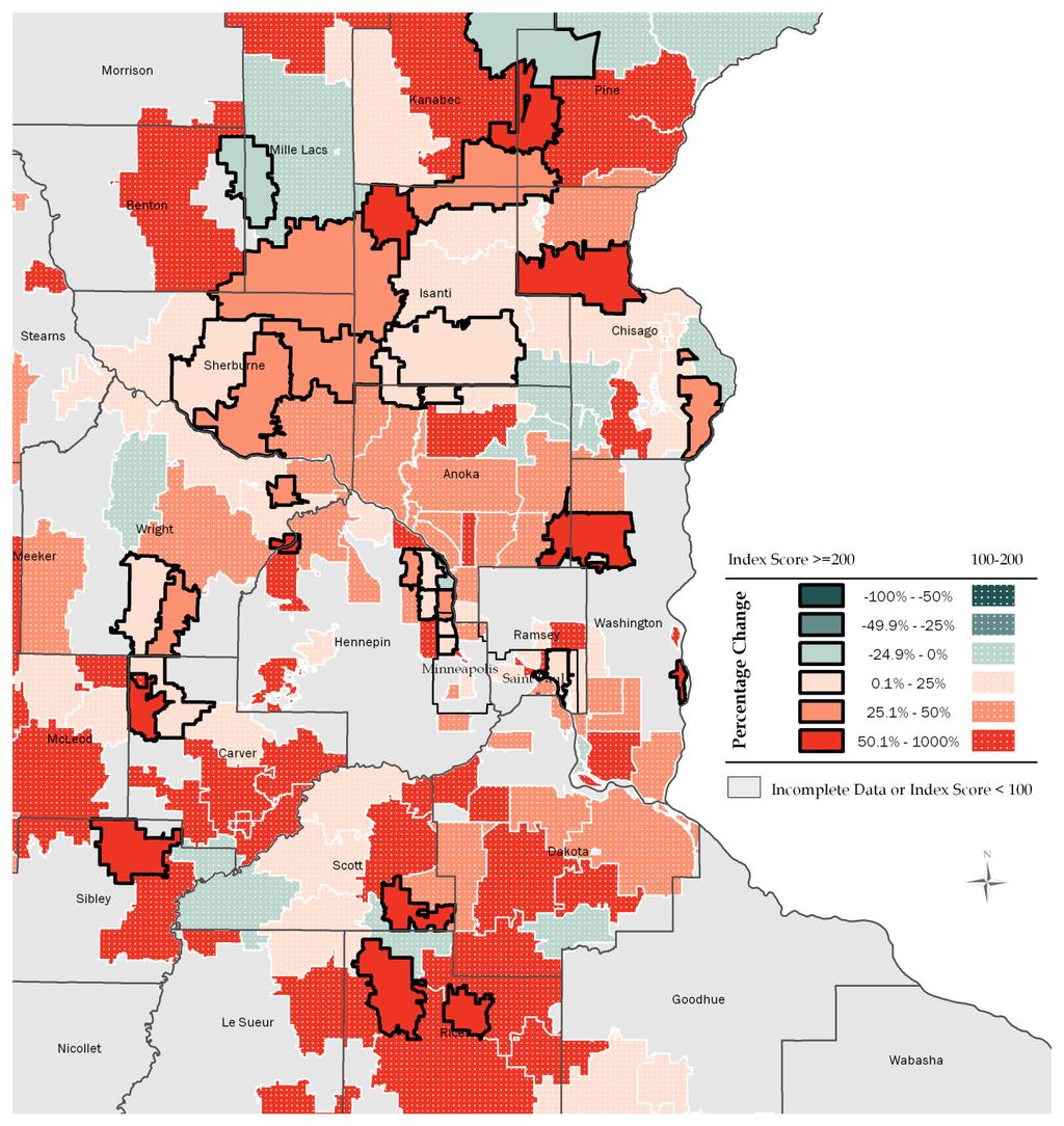 Residential Foreclosures in Minnesota Map 6b Percentage Change in Loans in Post-Sale Foreclosure or REO
