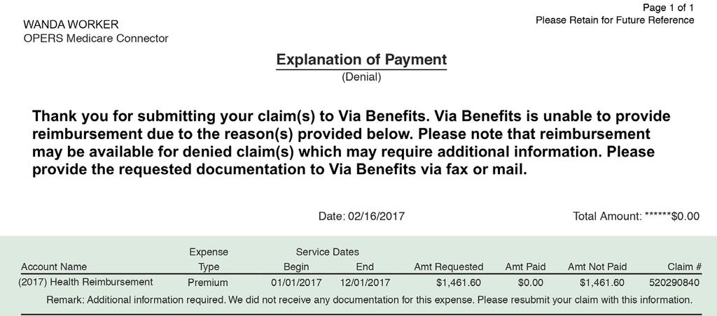 If your EOP is a denial, the section titled This Payment Includes will also include a Remark. The Remark describes the reason your request was denied.