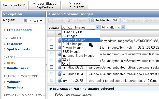 To get a list of the current AMIs, navigate to the AMIs view in the AWS Management Console as shown below.