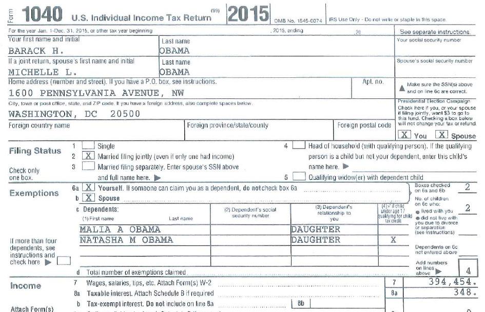 THE OBAMA S 2015 TAXES adjusted gross income of $436,065 paid $81,472 in total