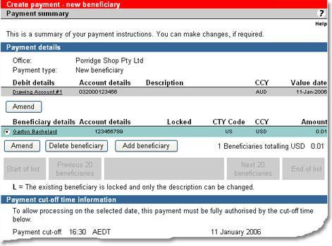 Creating and Authorising Payments The first screen includes the option to save the beneficiary details from this payment for re-use when making existing beneficiary payments.