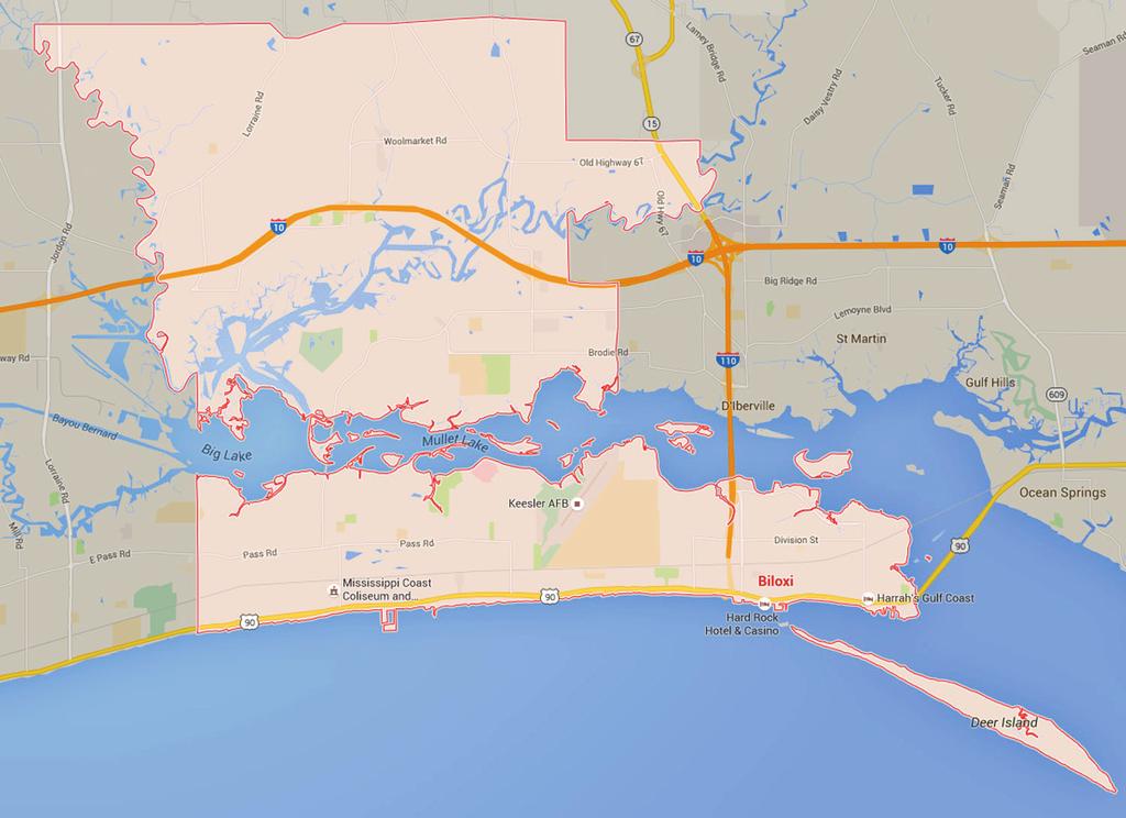 GEOGRAPHy AND CLIMATE Geographically located in the center of Mississippi s Gulf Coast, Biloxi is 165 miles southwest of Jackson, Mississippi, the state capital, 75 miles east of New Orleans,